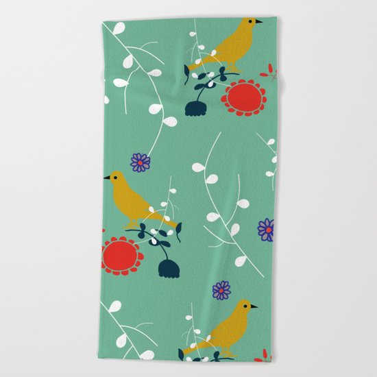 Bird and blossom green Beach Towel