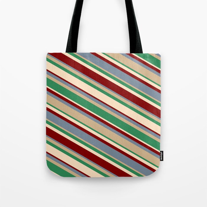 Vibrant Light Slate Gray, Tan, Sea Green, Bisque, and Maroon Colored Lines Pattern Tote Bag