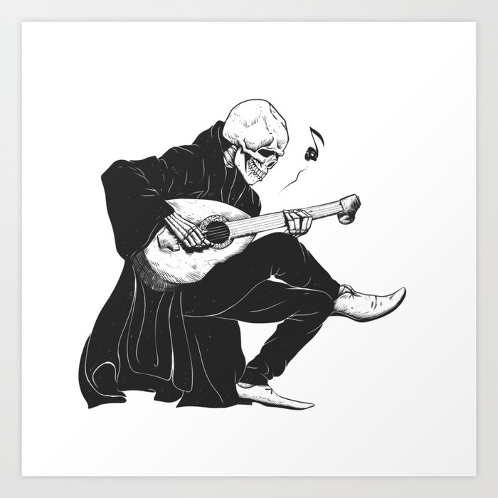 Minstrel playing guitar,grim reaper musician cartoon,gothic skull,medieval skeleton,death poet illus Art Print