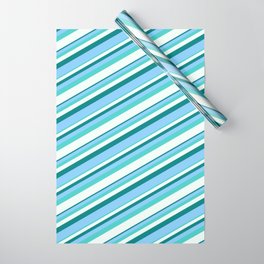 [ Thumbnail: Teal, Light Sky Blue, Turquoise & Mint Cream Colored Striped Pattern Wrapping Paper ]