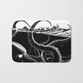Kraken Rules the Sea Bath Mat | Drawing, Scary, Cthulhu, Graphite, Underwater, Ink Pen, Black And White, Octopus, Sea, Ship 