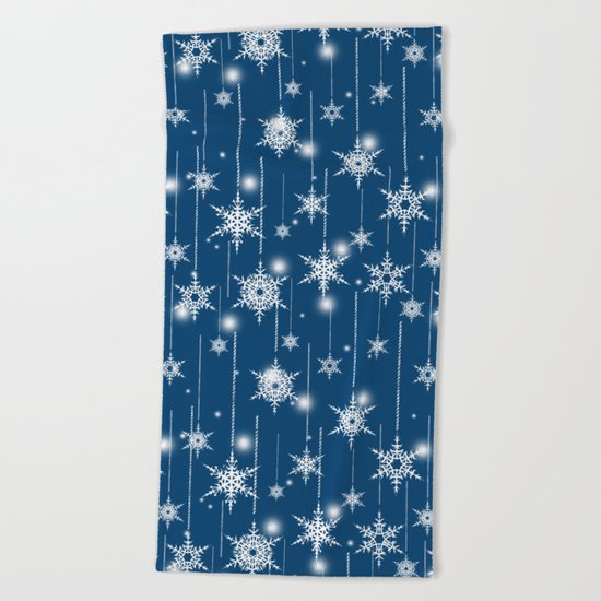 Christmas pattern. White snowflakes on a blue background. Beach Towel