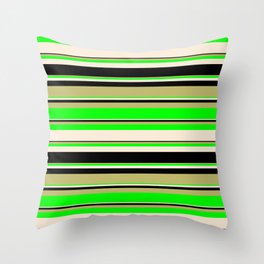 [ Thumbnail: Dark Khaki, Lime, Beige, and Black Colored Striped Pattern Throw Pillow ]