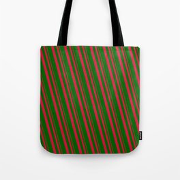 [ Thumbnail: Crimson & Dark Green Colored Lined/Striped Pattern Tote Bag ]