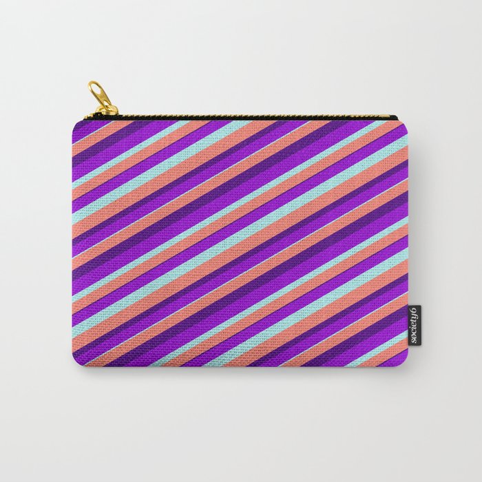 Dark Violet, Turquoise, Salmon, and Indigo Colored Lined Pattern Carry-All Pouch