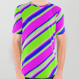 [ Thumbnail: Green, Light Gray, Fuchsia & Blue Colored Stripes/Lines Pattern All Over Graphic Tee ]