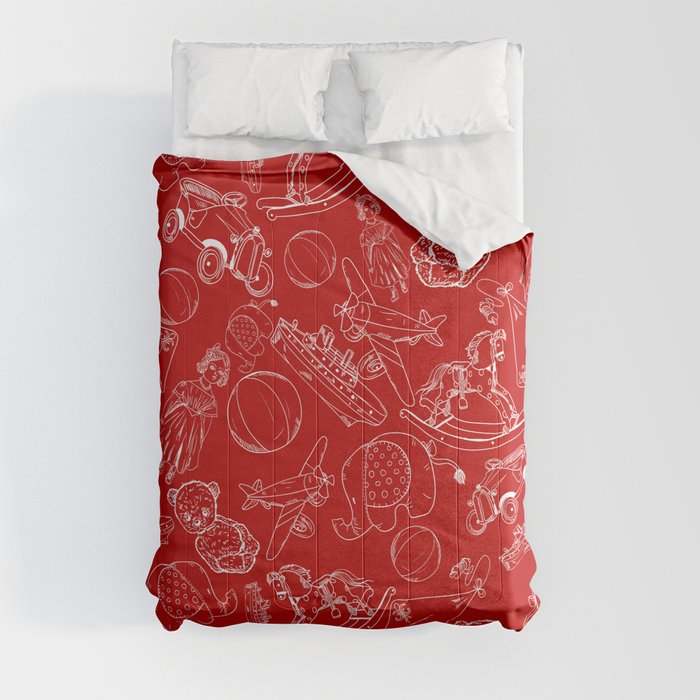 Red and White Toys Outline Pattern Comforter