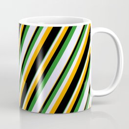 [ Thumbnail: Forest Green, Lavender, Orange & Black Colored Striped Pattern Coffee Mug ]