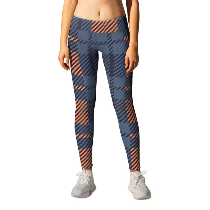 Trendy Blue & Orange Tartan Plaid Pattern Leggings