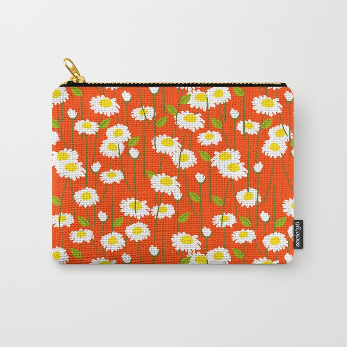 Retro Modern Illustrated Daisy Flower Field On Red Floral Pattern Carry-All Pouch