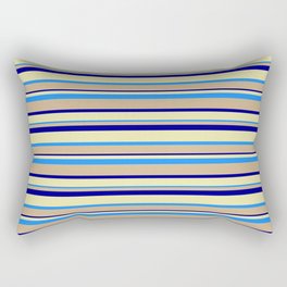 [ Thumbnail: Tan, Dark Blue, Pale Goldenrod & Blue Colored Lined Pattern Rectangular Pillow ]