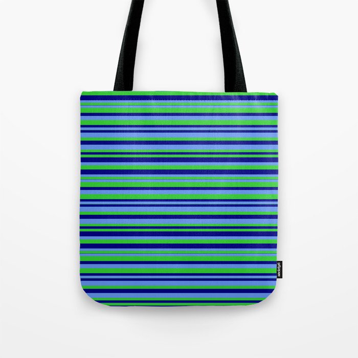 Cornflower Blue, Lime Green, and Blue Colored Striped/Lined Pattern Tote Bag