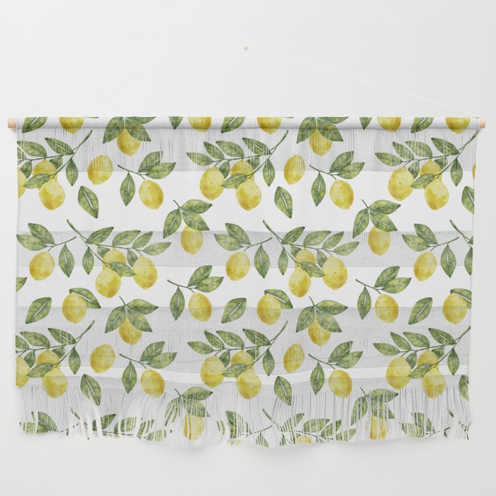 Yellow summer watercolor lemons with green leaves citrus pattern Wall Hanging
