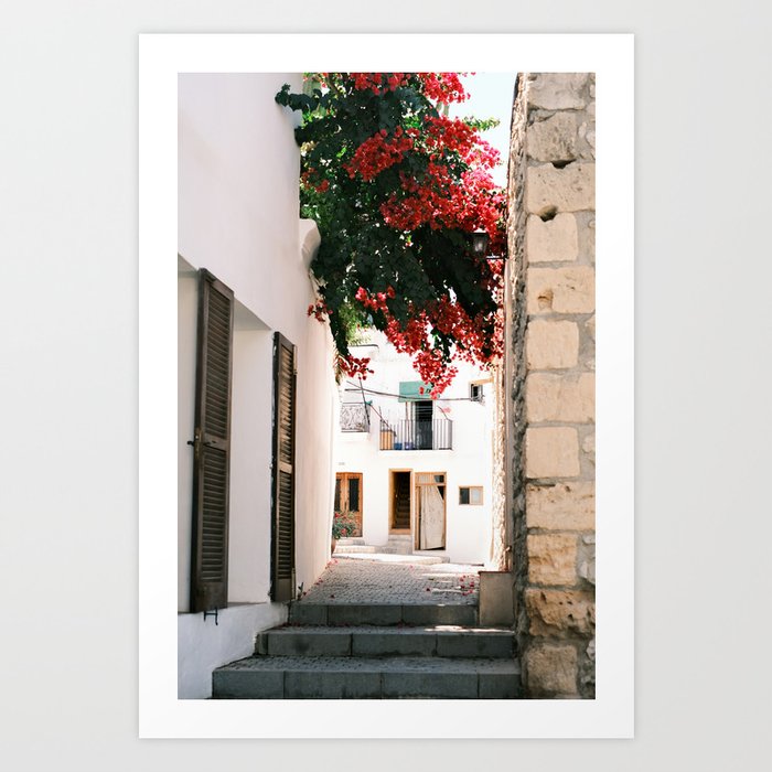 Street with pink bougainville flowers in Eivissa , Ibiza // Ibiza Travel Photography Art Print