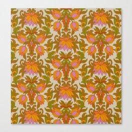 Orange, Pink Flowers and Green Leaves 1960s Retro Vintage Pattern Canvas Print