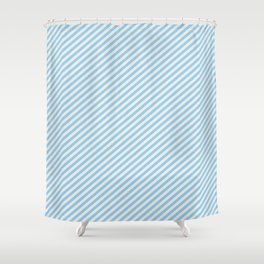 [ Thumbnail: Beige and Light Sky Blue Colored Stripes/Lines Pattern Shower Curtain ]