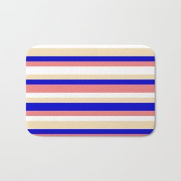 [ Thumbnail: Blue, Light Coral, White & Tan Colored Lined/Striped Pattern Bath Mat ]