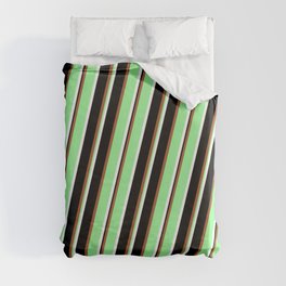 [ Thumbnail: Sienna, Green, White & Black Colored Lined Pattern Duvet Cover ]