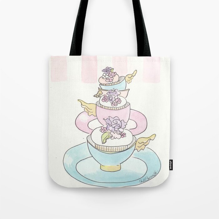 Winged Teacups and Cupcakes with Pink and White Stripes Tote Bag