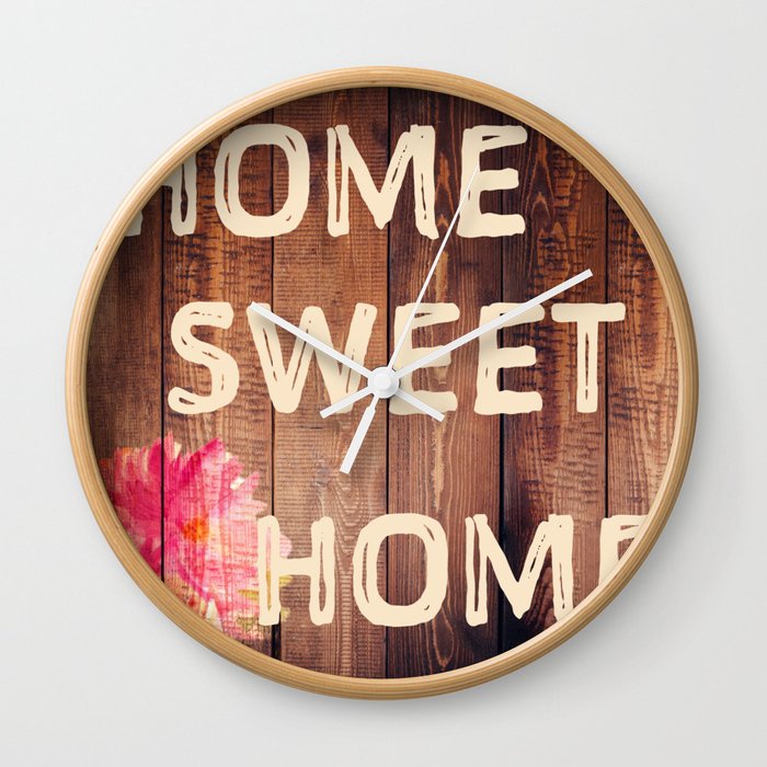 Rustic Home Sweet Home Wooden Flowers Wall Clock By Aeontextiles