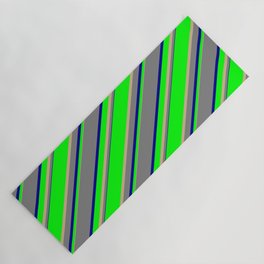 [ Thumbnail: Lime, Tan, Grey & Dark Blue Colored Lined/Striped Pattern Yoga Mat ]