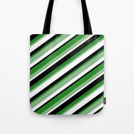 [ Thumbnail: Forest Green, Dark Sea Green, White & Black Colored Striped Pattern Tote Bag ]
