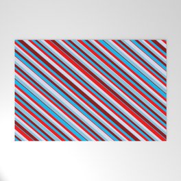 [ Thumbnail: Eyecatching Sky Blue, Dark Red, Deep Sky Blue, Red & Lavender Colored Lines/Stripes Pattern Welcome Mat ]