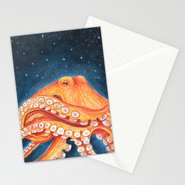 Red Octopus Tentacles Galaxy Stars Kraken Cephalopod Watercolor Art Stationery Card