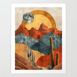Bohemian neutral desert with cactus and moon  Art Print