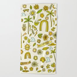 doodle daydreams sunshine and good vibes // retro art by surfy birdy Beach Towel | Peace, Sunshine, Palmtree, Retrosurf, Drawing, Curated, Goodvibes, Skate, Daisy, Rainbow 