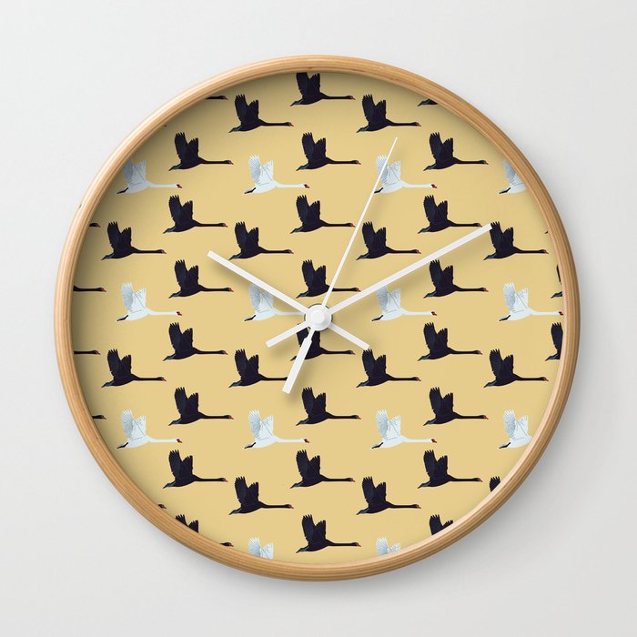Flying Elegant Swan Pattern on Tan Background Wall Clock
