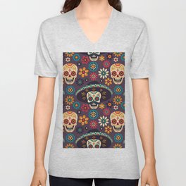Day of the Dead. Seamless vintage pattern with sugar skulls and flowers on dark background.  V Neck T Shirt