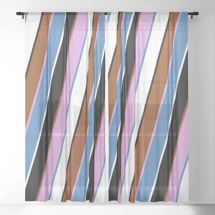Vibrant Brown, Plum, Blue, White, and Black Colored Lined/Striped Pattern Sheer Curtain
