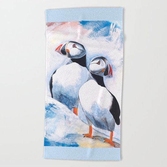 Puffins - I watch over you, little brother - by LiliFlore Beach Towel