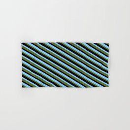 [ Thumbnail: Light Sky Blue, Dark Olive Green, and Black Colored Lines/Stripes Pattern Hand & Bath Towel ]