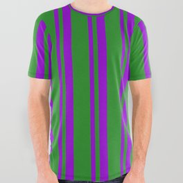 [ Thumbnail: Dark Violet and Forest Green Colored Stripes/Lines Pattern All Over Graphic Tee ]