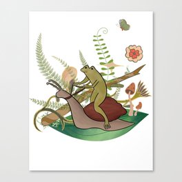 Whimsical Frog Riding a Snail Through the Forest Canvas Print