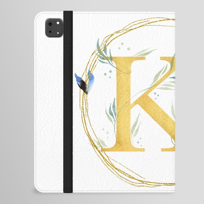 Letter K Golden With Watercolor Flowers Initial Monogram iPad Folio Case