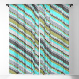 [ Thumbnail: Colorful Black, Green, Aqua, Light Gray, and Slate Gray Colored Stripes/Lines Pattern Sheer Curtain ]
