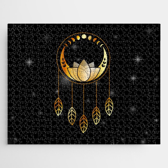 Mystic lotus dream catcher with moons and stars gold Jigsaw Puzzle