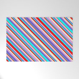 [ Thumbnail: Eyecatching Light Yellow, Plum, Slate Blue, Aqua & Red Colored Stripes/Lines Pattern Welcome Mat ]