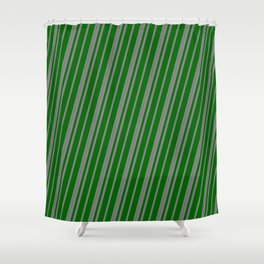 [ Thumbnail: Gray and Dark Green Colored Lined Pattern Shower Curtain ]