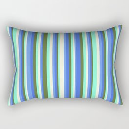 [ Thumbnail: Eyecatching Dark Olive Green, Royal Blue, Cornflower Blue, Beige, Aquamarine Colored Stripes Pattern Rectangular Pillow ]
