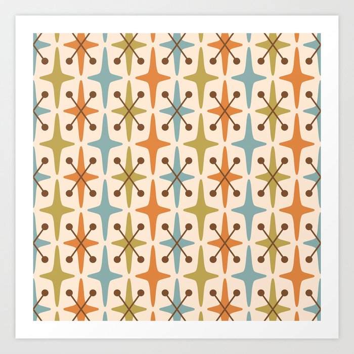 Mid Century Modern Abstract Star Pattern 441 Orange Brown Blue