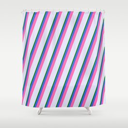 [ Thumbnail: Lavender, Green, Royal Blue & Hot Pink Colored Pattern of Stripes Shower Curtain ]