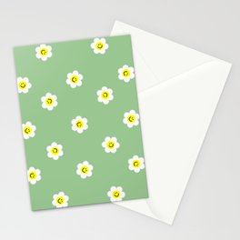Happy White Daisies Sage Green Stationery Card