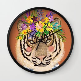 Tiger with Floral Crown Art Print, Funny Decoration Gift, Cute Room Decor Wall Clock | Tiger, Botanical, Digital, Cat, Modernart, Painting, Nature, Animalart, Tigerart, Nursery 