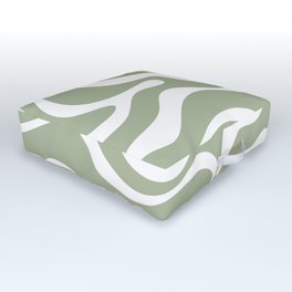 Modern Retro Liquid Swirl Abstract Pattern in Muted Sage Green and White Outdoor Floor Cushion