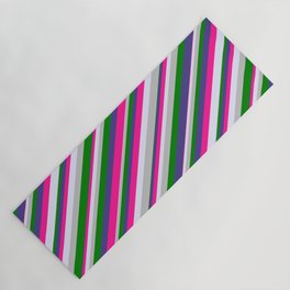 [ Thumbnail: Eye-catching Dark Slate Blue, Deep Pink, Lavender, Grey, and Green Colored Striped/Lined Pattern Yoga Mat ]