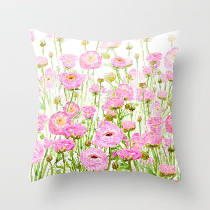 pink buttercup ranunculus field watercolor Throw Pillow